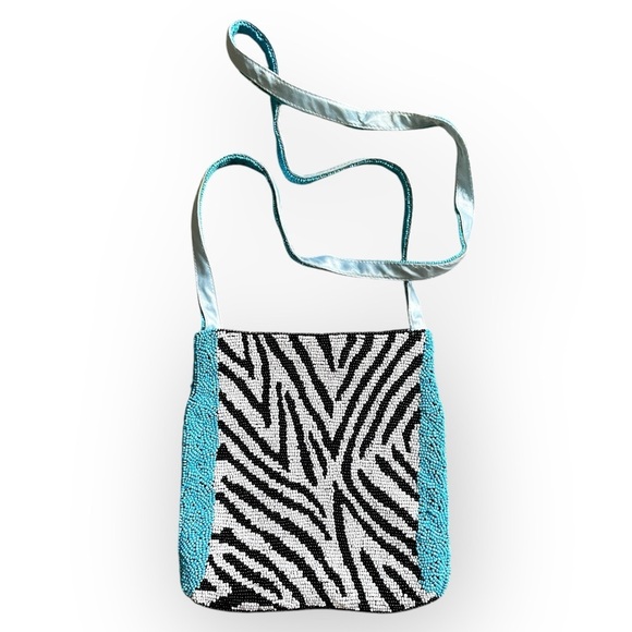 Funky Y2K Vintage Christiana Hand Beaded Zebra Print & Blue Square Crossbody Bag - Picture 3 of 14